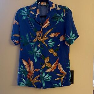 Men's Kennington Blue Tropical Print Short-Sleeve Shirt Size Small